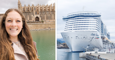 Jenna selfie next to image of Costa Toscana cruise ship